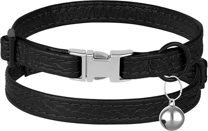 Leather Cat Collar with Buckle and Removable Bell - Non Breakaway Adjustable Soft Safety Small Pet Collars for Girl Boy Cats Kitten (Black)
