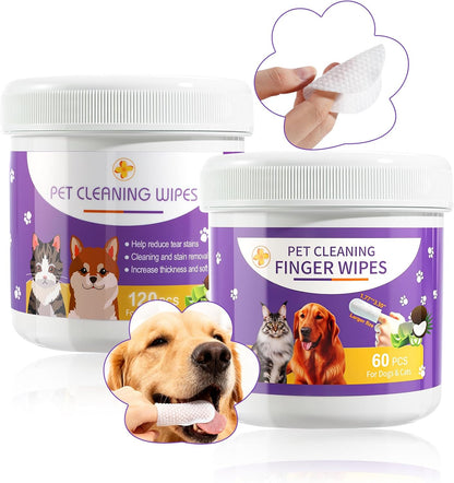MeCids Pet Cleaning Wipe and Dogs Teeth Cleaning Finger Wipes Set 180PCS, Gentle Pet Wipes for Dogs & Cats Eyes, Ear, Paws, Butt, Face