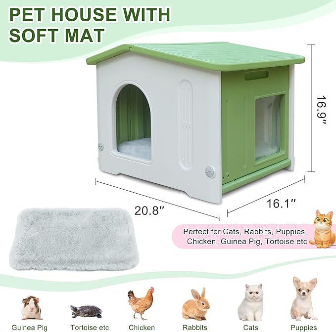 Weatherproof Cat House for Outdoor Indoor Use, Plastic Feral Cat House with Escape Door and Soft Mat, Outside Cat Shelter for Small Pet, Spacious, Assemble Easily - Green