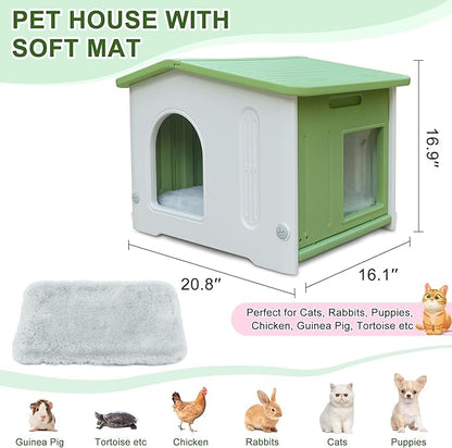 Weatherproof Cat House for Outdoor Indoor Use, Plastic Feral Cat House with Escape Door and Soft Mat, Outside Cat Shelter for Small Pet, Spacious, Assemble Easily - Green