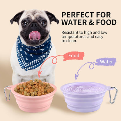 Collapsible Dog Bowls 2-Pack, Portable Travel Dog Bowl with Carabiner, Food-Grade Silicone Pet Bowl for Hiking, Walking (Macaron Pink and Violet)