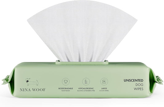 Nina Woof Dog Wipes – Fragrance-Free, Alcohol-Free, Hypoallergenic Pet Grooming Wipes with Aloe Vera, Biodegradable, for Dogs & Cats: Paws, Face, Ears & Butt – (70 Count)