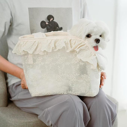 Dog Carrier for Small Dogs Rabbit cat with Lace Design, Cotton Bag, Dog Carrier Soft Sided, Collapsible Travel Puppy Carrier (Beige, 13" L x 6.7" W x 10.6" H)