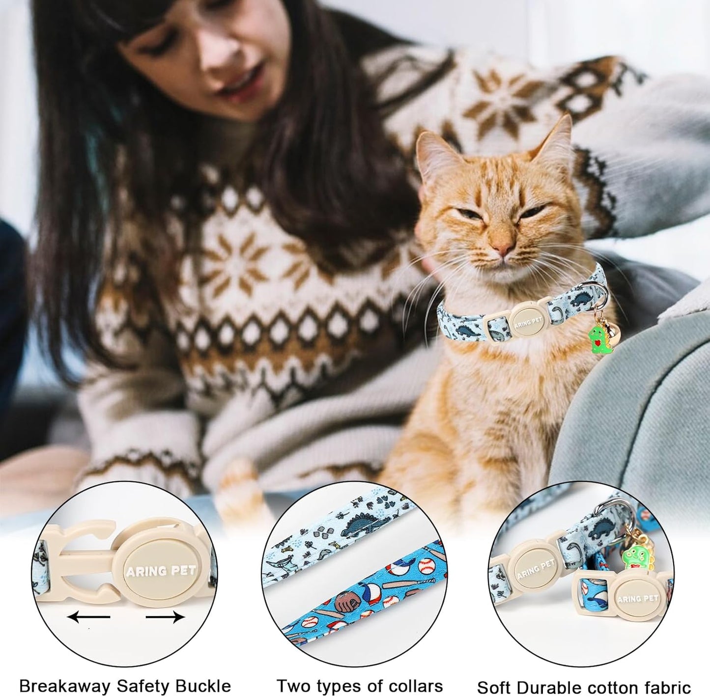 ARING PET 2 Pack Cat Collar-Cute Kitty Collars with Bell & Pendant, Adjustable Dinosaur&Baseball Kitten Collars with Safety Buckle for Girl and Boy Pets