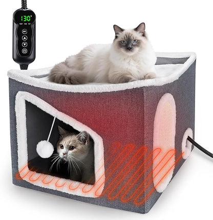 Heated Cat House for Indoor, Large Cat Bed with Heating Pad, Adjustable Temperature & Timing, with Fluffy Ball Hanging and Scratch Pad, Foldable Pet Hideaway for Small Medium and Large Cats（XL）