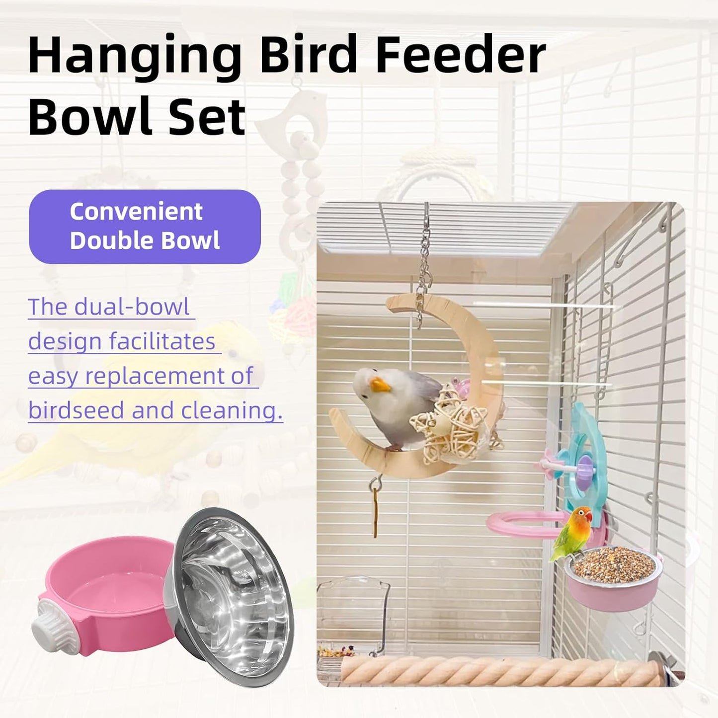 4 Pack Stainless Steel Bird Feeding Dish Cups with 5pcs Colorful Spoon and 5pcs Rattan Ball，for Chinchilla, Parrot, Cockatiel, Conure, Budgies, Hamster, Small Animal