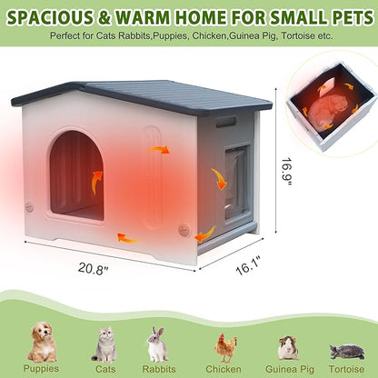 Outdoor Cat House with Insulated Liner, Weatherpoof Plastic Insulated Cats Houses with Escape Door Indoor Waterproof Feral/Pet Cat Shelter Outside for Puppy, Rabbit for Winter