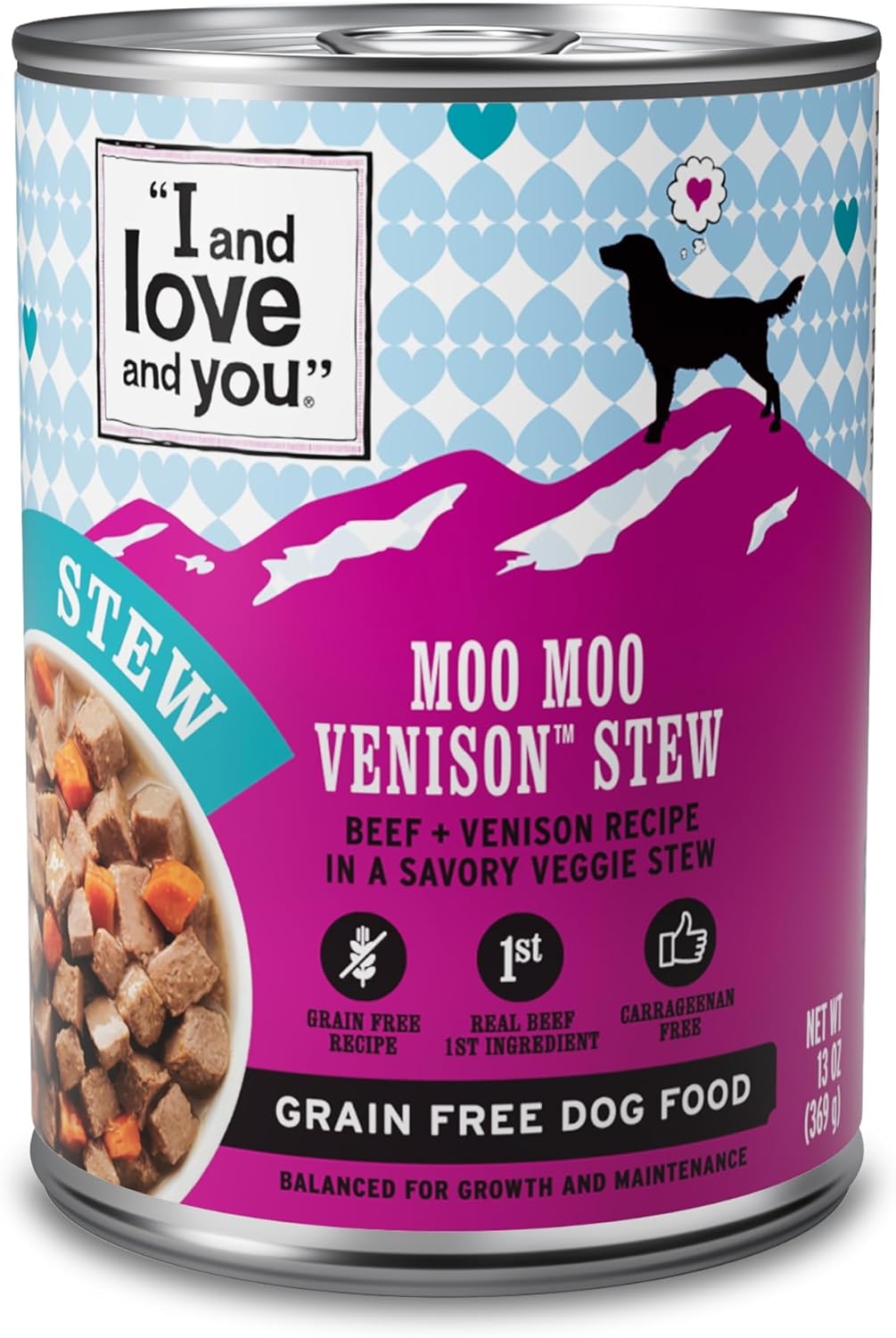 I AND LOVE AND YOU Wet Dog Food - Moo Moo Venison Stew - Beef + Venison Recipe, Grain Free, Filler Free 13oz can, 12pk