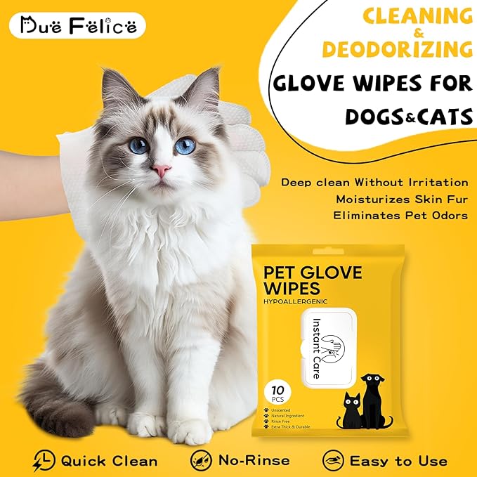 Pet Glove Wipes for Dogs Cats Disposable Dog Wipes Cleaning Deodorizing for Fur Paws and Butt Rinse Free Shampoo Mittens Cat Grooming Bath Wipes 10PCS
