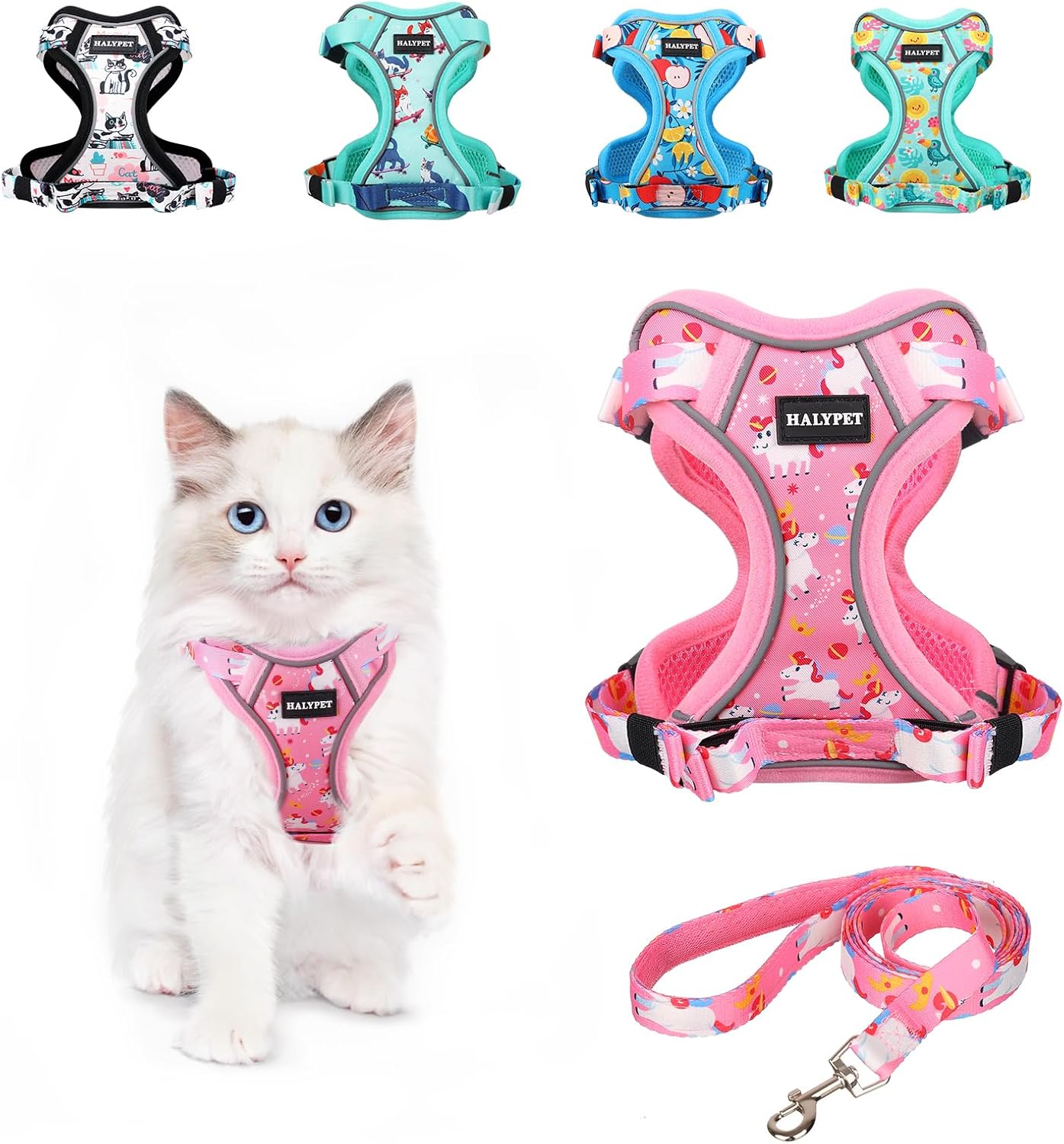 Halypet Cat Harness and Leash Set[MAX Safety 4th-Gen] Cute Escape Proof Vest Harness for Girl&Boy Cat Walking, Comfortable Adjustable Leash and Reflective Strips for Outdoor Kitten, XS Pink Unicorn