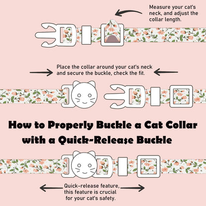 2 Pack Cotton Breakaway Cat Collars Set with Bell and Flower Pendant, Cute Floral Fruit Patterned, Adjustable 7.5-11Inch, Include A Mouse Toy Gift