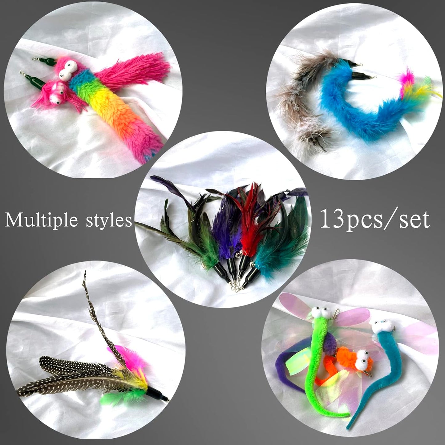 Cat Worm & Dragonfly Teaser Wand Attachments - 13 Pcs Assorted Refills with Bell