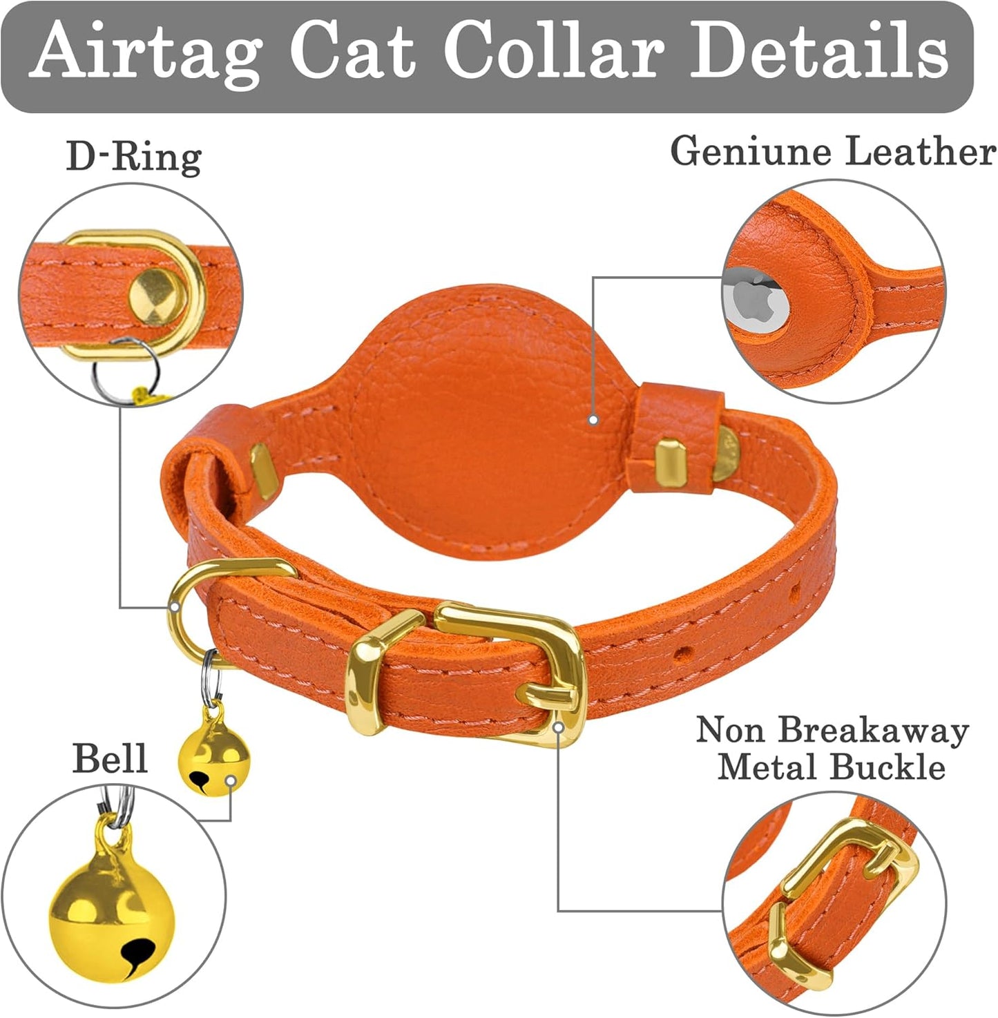 OOPSDOGGY Leather AirTag Cat Collar with Bell - Non Breakaway Kitten Collar with Apple Air Tag Holder - Lightweight GPS Pet Collars for Girl Boy Cats, Small Dogs, Puppies (Orange)