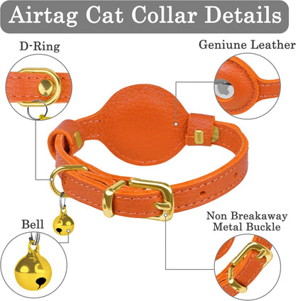 OOPSDOGGY Leather AirTag Cat Collar with Bell - Non Breakaway Kitten Collar with Apple Air Tag Holder - Lightweight GPS Pet Collars for Girl Boy Cats, Small Dogs, Puppies (Orange)