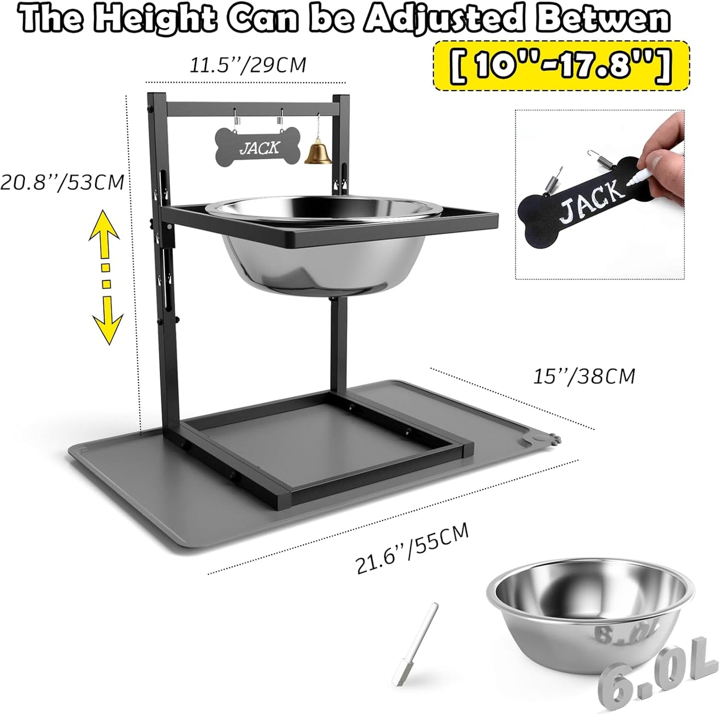 SHAINFUN 203oz Elevated Dog Water Bowl for Large Dogs with Mat, Adjustable Height 10-17.8in, Tall Raised Dog Water Stand