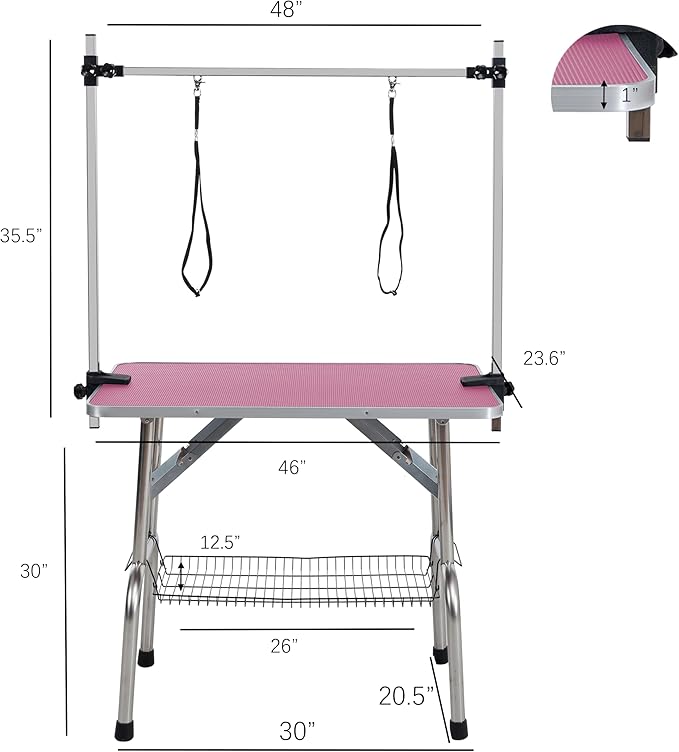 46" Dog Grooming Table Foldable Pet Grooming Tables with Adjustable Arm Noose Storage Mesh Tray Maximum Capacity Up to 330lbs Pink