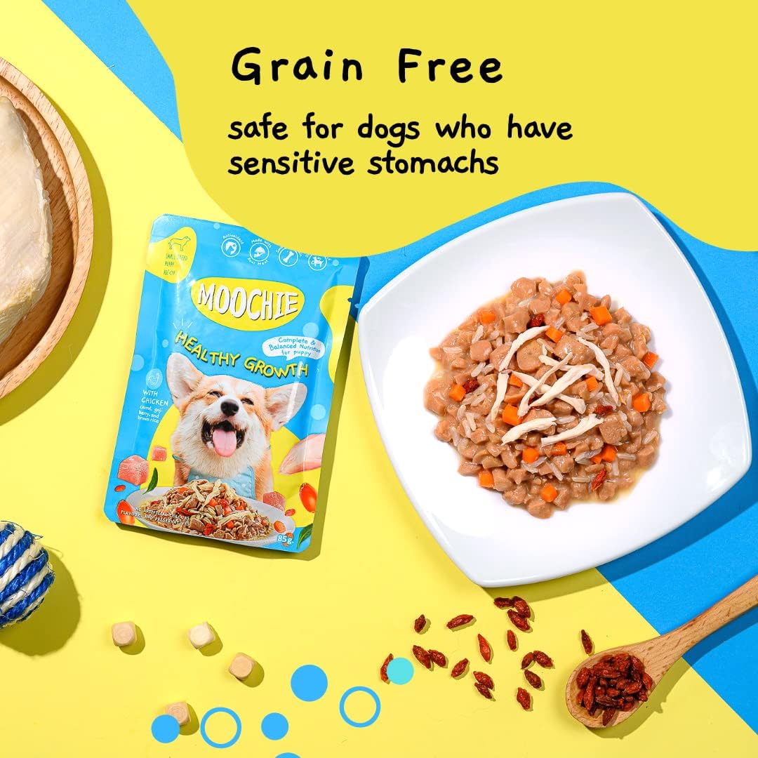 MOOCHIE Soft Puppy Wet Dog Food - Healthy Growth - Real Chicken, Beef, Vegetables & Rice - No Artificial Flavors or Preservative - 12 x 3 oz Pouch