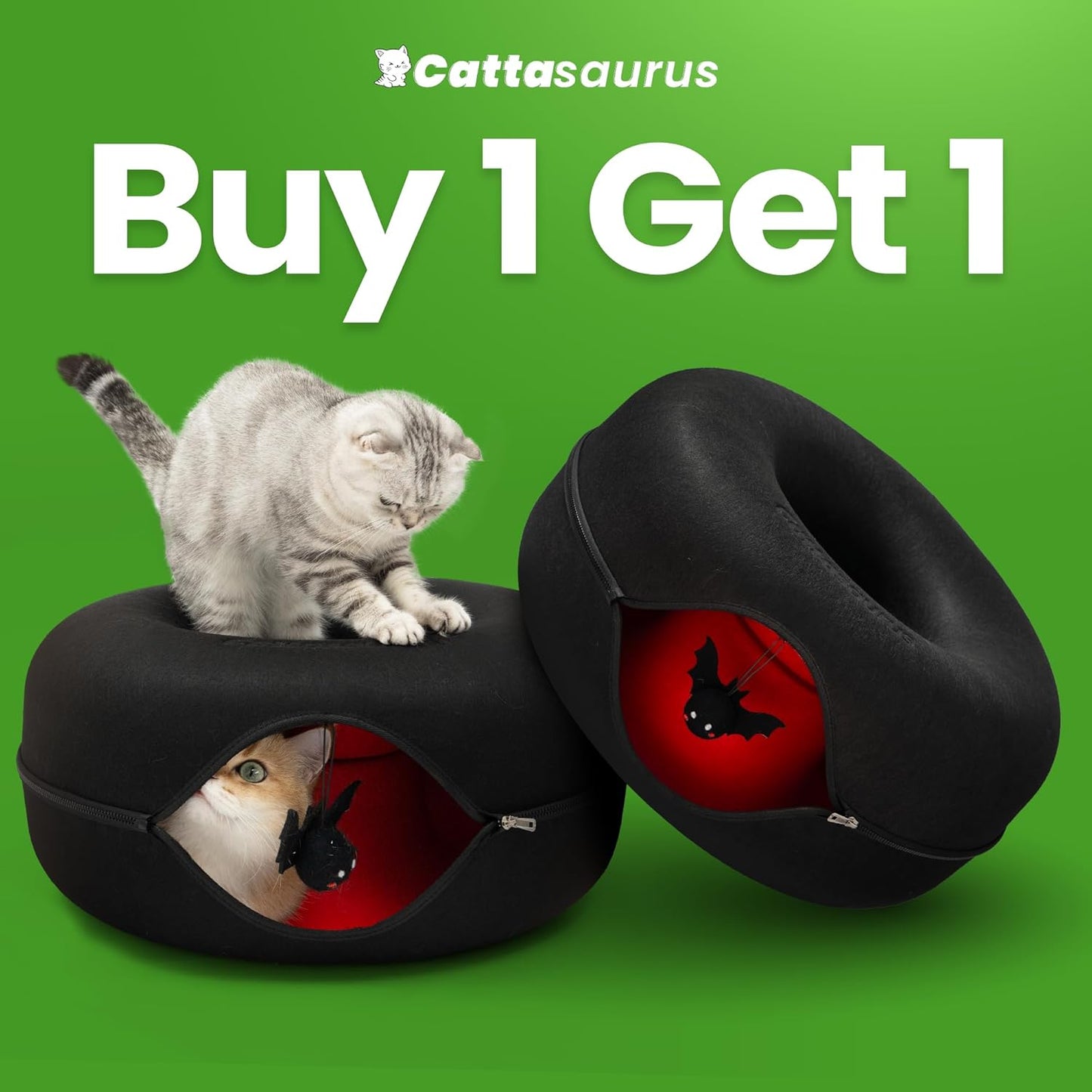 Cattasaurus Unique Peekaboo Cat Cave for Multiple & Large Cats Up to 30-45 Lbs, Scratch Detachable & Washable Tunnel Bed, Gothic Bat Donut Cat Cave (Duo Large Set)