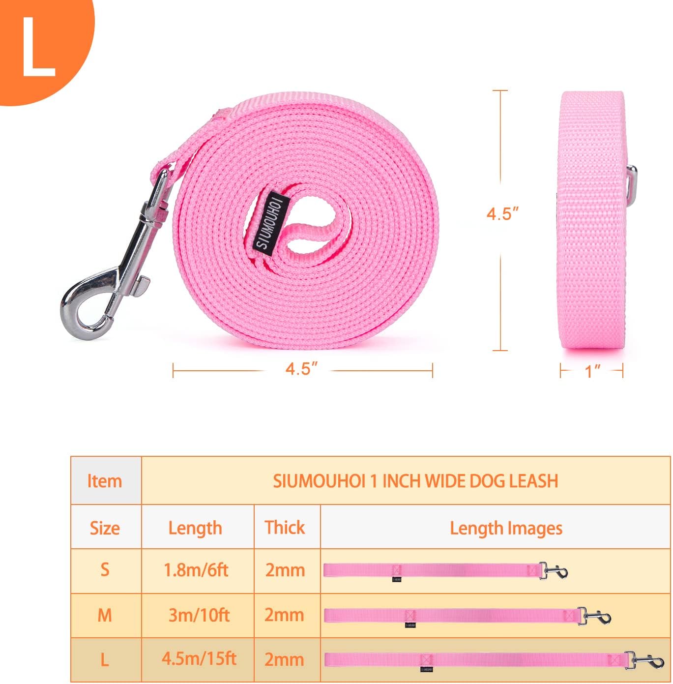 Strong Durable 15ft Nylon Dog Training Leash, 1 Inch Wide Traction Rope, for Small and Medium Dog (Pink, 15 Feet)