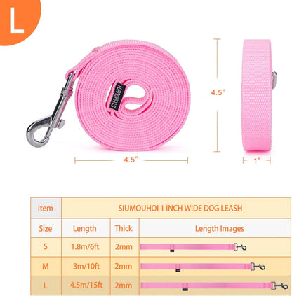 Strong Durable 15ft Nylon Dog Training Leash, 1 Inch Wide Traction Rope, for Small and Medium Dog (Pink, 15 Feet)