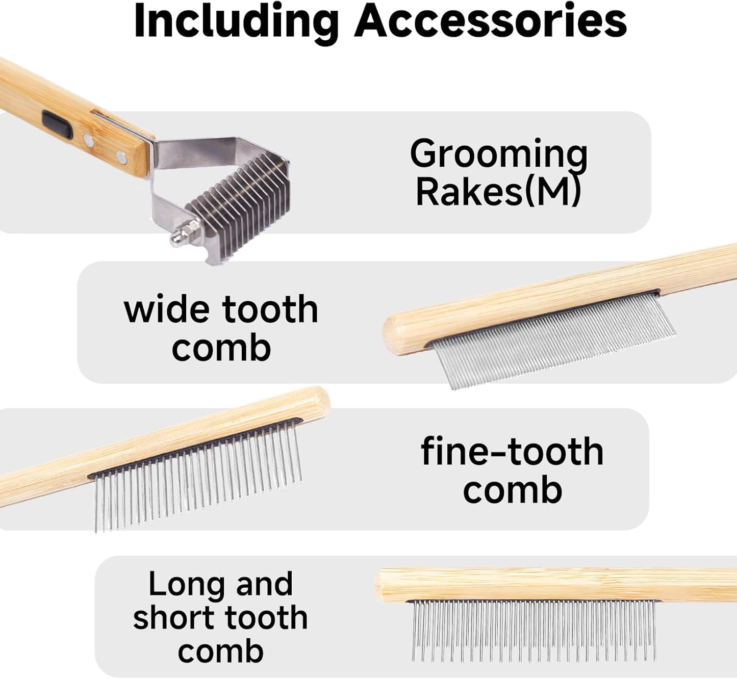 Bamboo Undercoat Rake & Deshedding Comb Set - 4 Piece Pet Grooming Kit with Detangling Brush for Matted Fur Removal, Gentle Massage and Deep Cleaning for Dogs and Cats