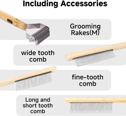 Bamboo Undercoat Rake & Deshedding Comb Set - 4 Piece Pet Grooming Kit with Detangling Brush for Matted Fur Removal, Gentle Massage and Deep Cleaning for Dogs and Cats