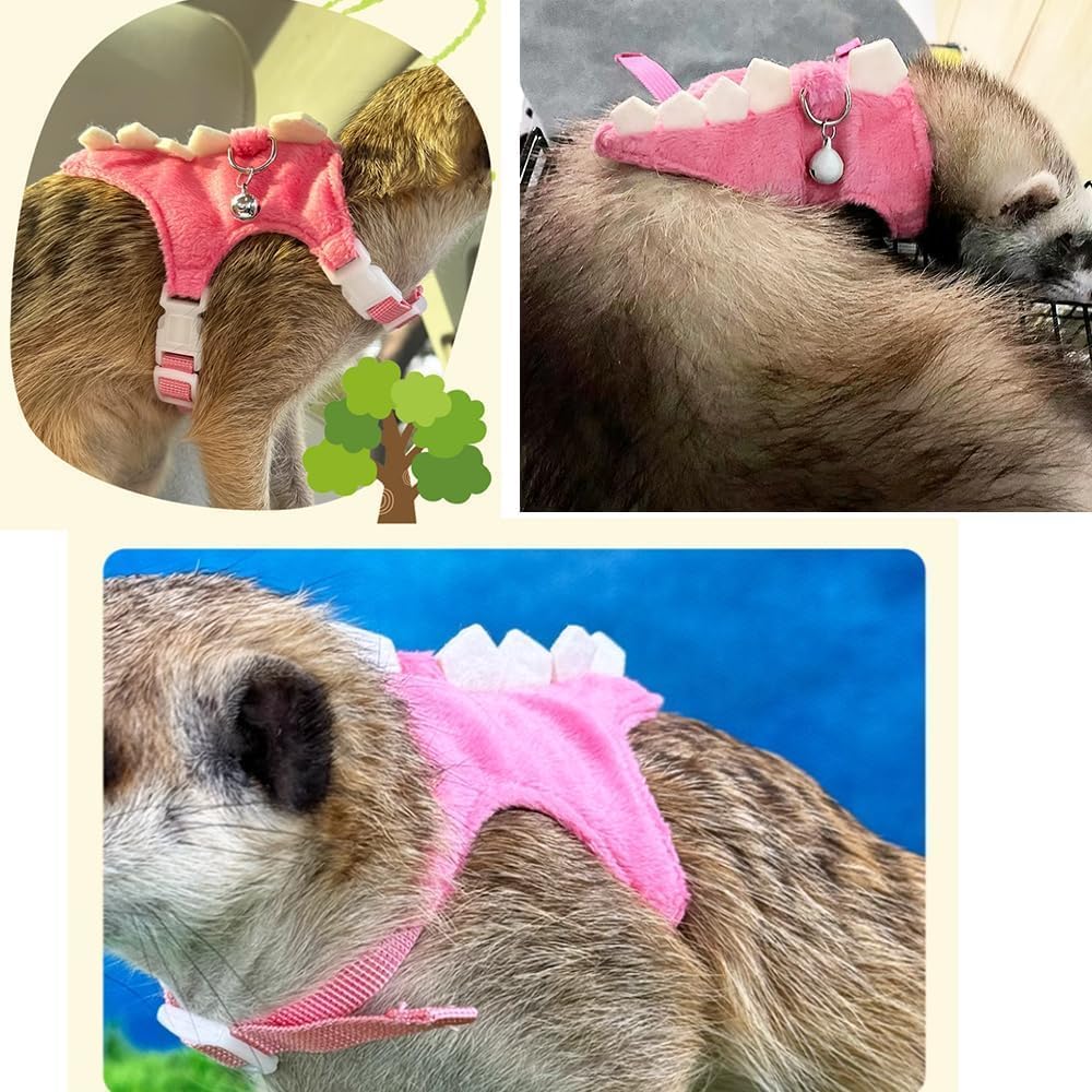 Ferret Harness and Leash Set Small Animals Vest Harness with Safe Bell Dinosaur Shaped Walking Clothes for Baby Rabbit Guinea Pig Teacup Chihuahua Mouse and Other Small pet (Pink)