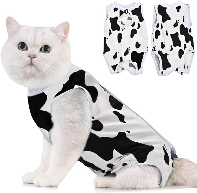 Avont Cat Recovery Suit - Kitten Onesie for Cats After Surgery, Cone of Shame Alternative Surgical Spay Suit for Female Cat, Post-Surgery or Skin Diseases Protection -Cow(M)