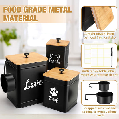 Metal Dog Treat Containers Set of 3 with Bamboo Lids and Spoon Airtight 7+3+2 lbs Dog Food Snack Jars with DIY Labels Big Pet Cookie Storage Jar for Kitchen Counter(Black,Classic)