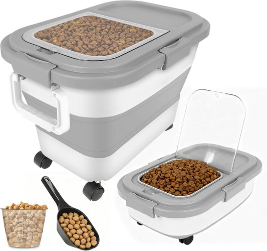 ShineMe 20Lbs Collapsible Pet Food Storage Container with Airtight Lid, Dog Food Storage Container with Measuring Scoop and Cup, Wheels & Handle for Easy Moving, Keep Dry Food Fresh (Grey)