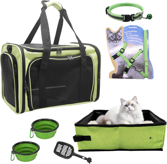 Cat Carrier Soft-Sided & Folding Travel Litter Box for Cats, Fit 20Lbs Pets, 17.7' * 11.8 * 11.8 inches Cat Bag for Traveling & Camping, Indoor & Outdoor, Cat Travel Carrier Kit - Green