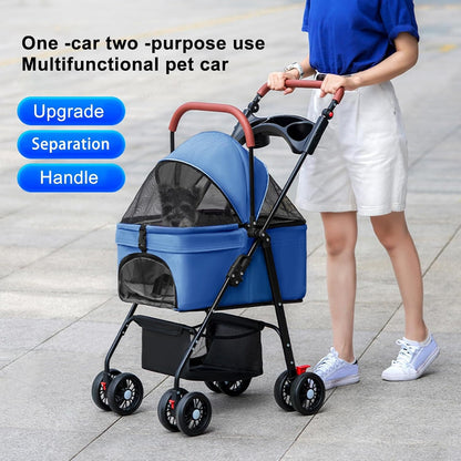 Pet Stroller Pram Dog Carrier Trailer 4 Wheels Foldable Dog with Storage Basket,Holds up to 44 lbs,Adjustable Handle,Folding Travel Stroller Suitable for Traveling with Cats and Dogs (Blue)