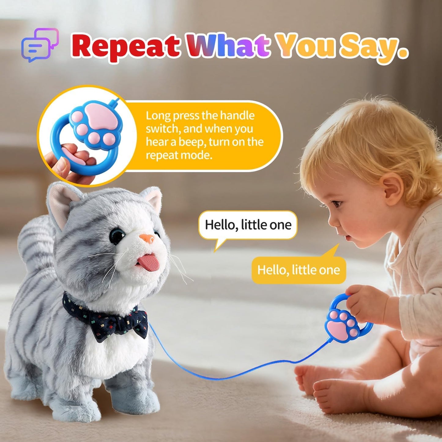 Gray Leash Walking Cat Set Interactive Talking Cat Singing Dancing Kitten Mimicking Repeat What You Say Kitty Touch and Voice Control Nodding Wagging Tail Plush Electric Kitty for Kid Gril
