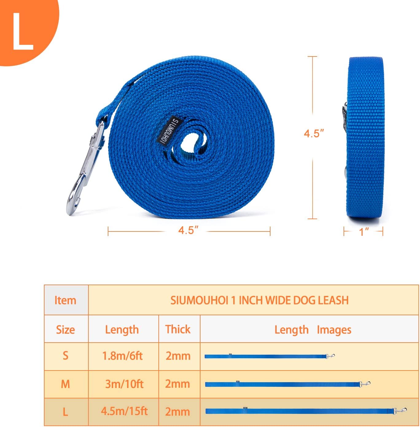 Strong Durable Nylon 15ft Long Dog Training Leash, Traction Rope, 1 Inch Wide, for Small and Medium Dog (Blue, 15 Feet)