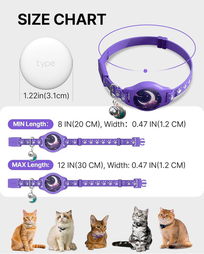 Cat Tracker Collar - Waterproof Airtag Cat Collar with Finder Tag (iOS ONLY), Compatible with Apple Find My, Breakaway Tractive Design with Reflective Pattern & Bell, Purple(Not for Android Devices)