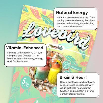 Mycelium Organic Lovebird Premier Feed (5 LBS) | Premium Bird Food for Lovebirds & Small Parrots | High-Protein, Vitamin-Fortified Daily Nutrition | Supports Brain & Heart Health | USA Made, Non-GMO