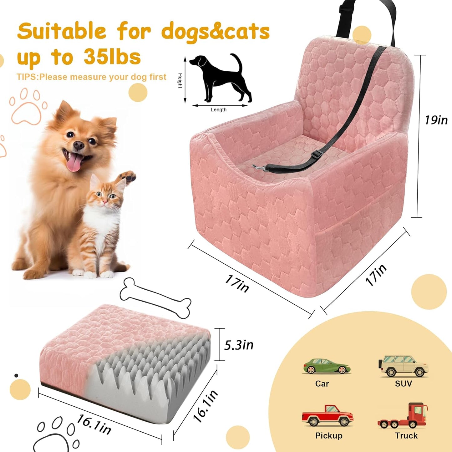 Dog Car Seat for Small/Medium Dogs, Memory Foam Dog Booster Seat, Travel Safety Per Car Seat with Washable Removable Cover, Storage Pockets for Dogs up to 35 lbs (Pink, Small)