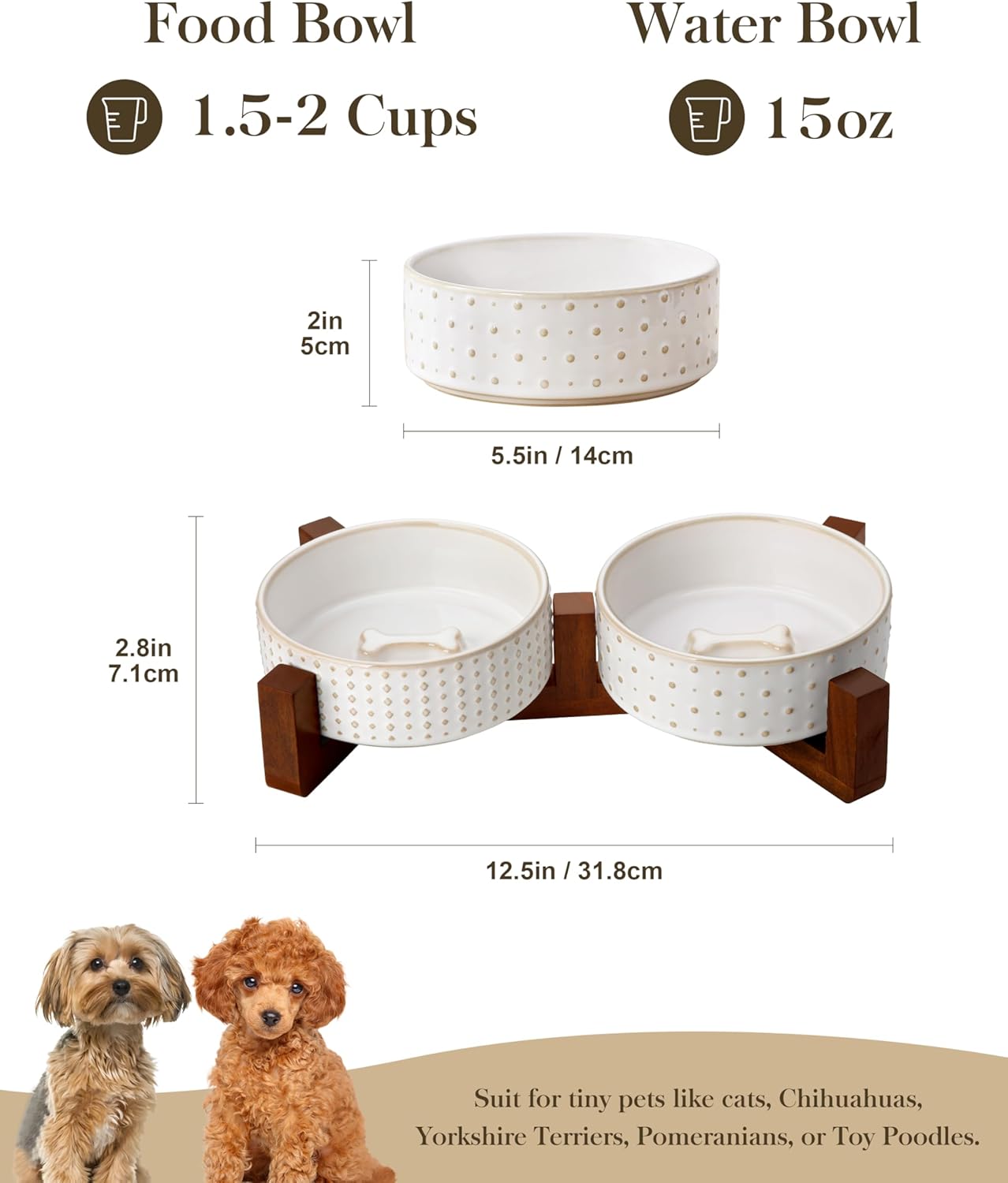 MALACASA Dog Bowl Set with Walnut Wood Stand, 1.5 Cups Ceramic Pet Bowls for Puppy Dogs, Dual Food and Water Bowls with Weighted Non-Slip Base, Basic Bowls for Your Dog or Cat, Rhombic & Polka Dots
