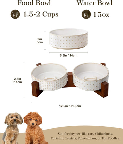 MALACASA Dog Bowl Set with Walnut Wood Stand, 1.5 Cups Ceramic Pet Bowls for Puppy Dogs, Dual Food and Water Bowls with Weighted Non-Slip Base, Basic Bowls for Your Dog or Cat, Rhombic & Polka Dots