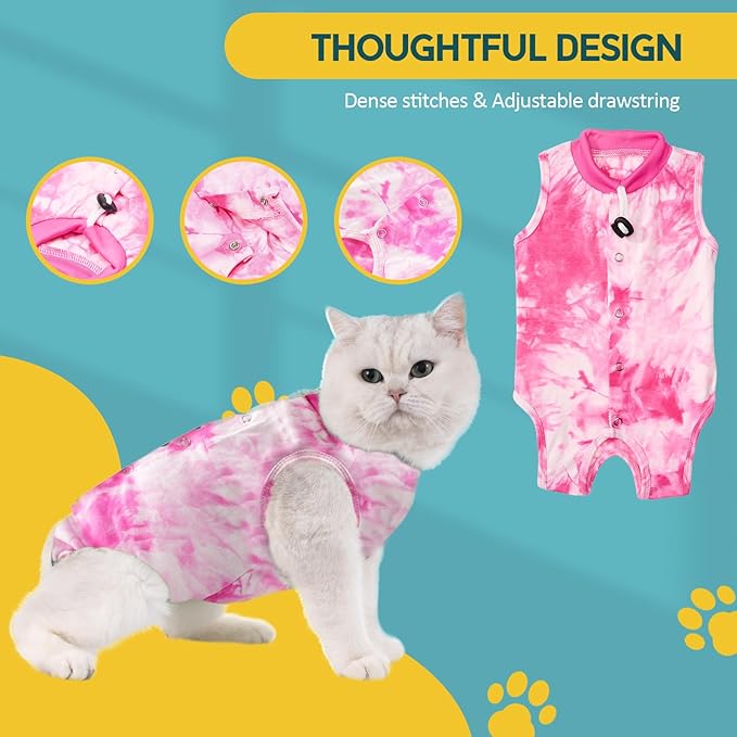 Avont Cat Recovery Suit - Kitten Onesie for Cats After Surgery, Cone of Shame Alternative Surgical Spay Suit for Female Cat, Post-Surgery or Skin Diseases Protection -Tie-dye Pink(L)