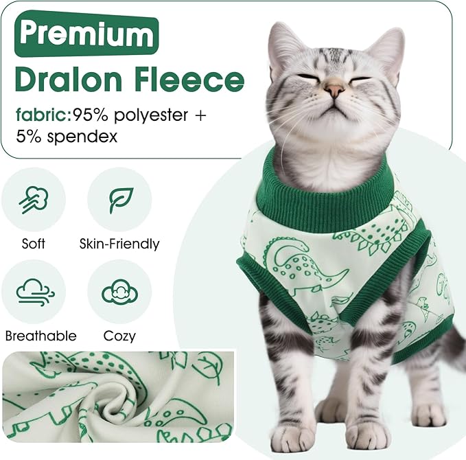 DENTRUN Sleeveless Cat Vest with Dinosaur Print, Breathable Ultra-Soft Dralon Fleece Cat Sweater, All-Season Pet Costume Apparel for Cats, Kitten Clothing for Indoor/Outdoor, Green, XXL