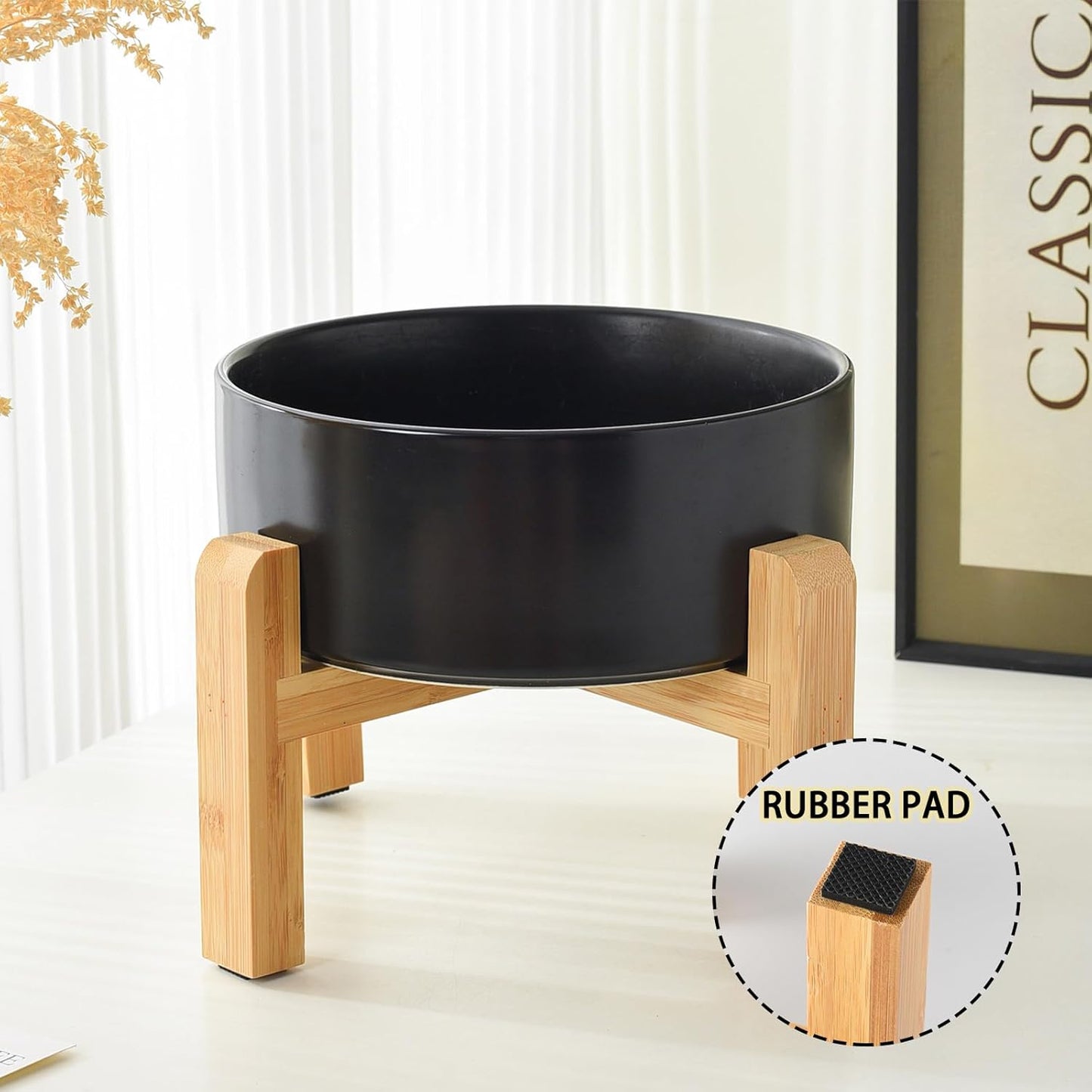 6'' Ceramic Raised Dog Bowl - 30Oz Dog Food & Water Bowl with Elevated Non-Slip Bamboo Stand, Dishwasher & Microwave Safe, Anti Vomiting Heavy Duty Pet Bowl for Small and Medium Dogs, Black