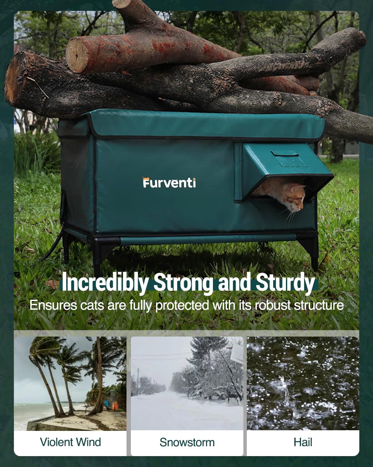 Heated Cat House for Outside,Dual Camera Mounts,100% Weatherproof & Extremely Insulated,Elevated Feral Cat Shelter with Escape Door,Waterproof Eaves for Outdoor Stray Barn Cat(Dark Green, XL)