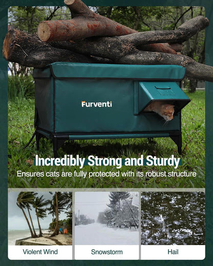 Heated Cat House for Outside,Dual Camera Mounts,100% Weatherproof & Extremely Insulated,Elevated Feral Cat Shelter with Escape Door,Waterproof Eaves for Outdoor Stray Barn Cat(Dark Green, XL)