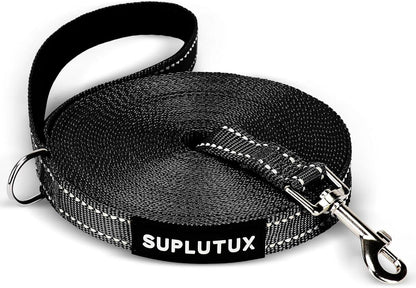 Reflective Dog Leash–10FT/16FT/30FT/50FT/100FT Durable Nylon Training Leash with Heavy-Duty Metal Clasp, High Visibility for Night Walking, Perfect for Small, Large Dogs (Black, 16FT)