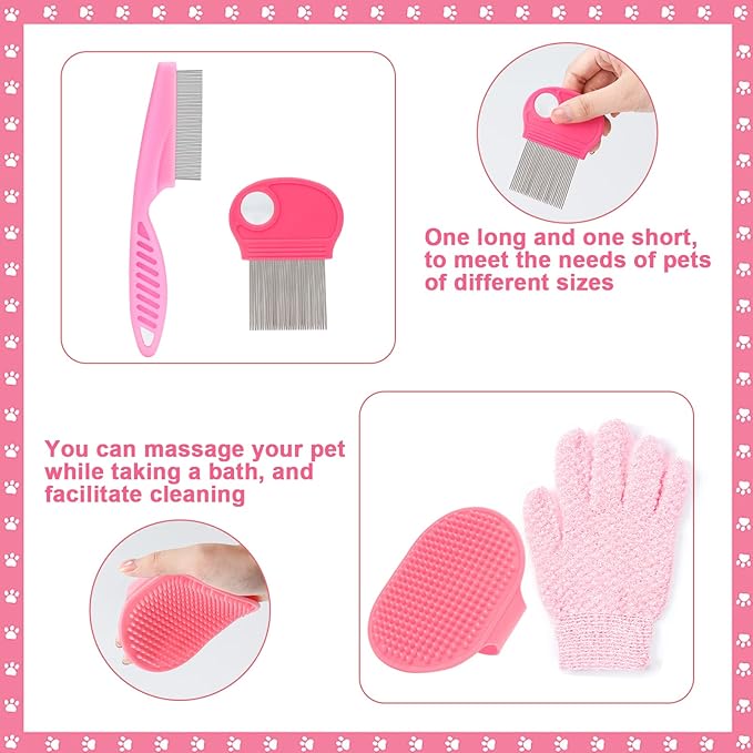 VCZONE Pink Small Animal Grooming Kit with Nail Clipper, Flea Comb, Shampoo Brush, Slicker Brush, Massage Glove for Rabbits