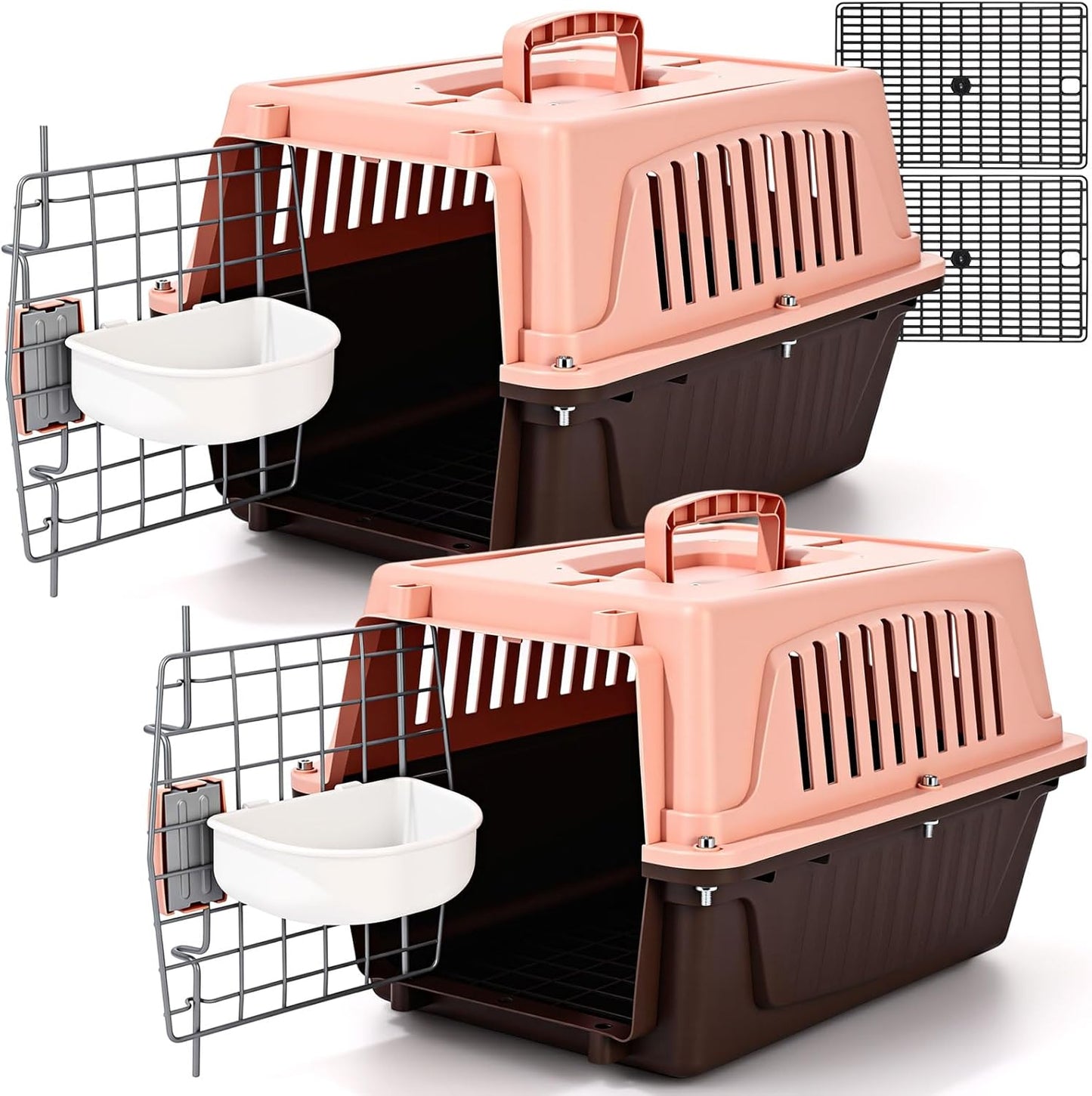 2 Set Pet Carrier for Small Dogs and Cat, Hard Shell Plastic Dog Crate with Bowl and Cooling Pad Fully Breathable Portable Kennel for Small Pet Travel Camp (Brown,18.9 x 12.6 x 11.8 Inch)