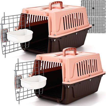 2 Set Pet Carrier for Small Dogs and Cat, Hard Shell Plastic Dog Crate with Bowl and Cooling Pad Fully Breathable Portable Kennel for Small Pet Travel Camp (Brown,18.9 x 12.6 x 11.8 Inch)