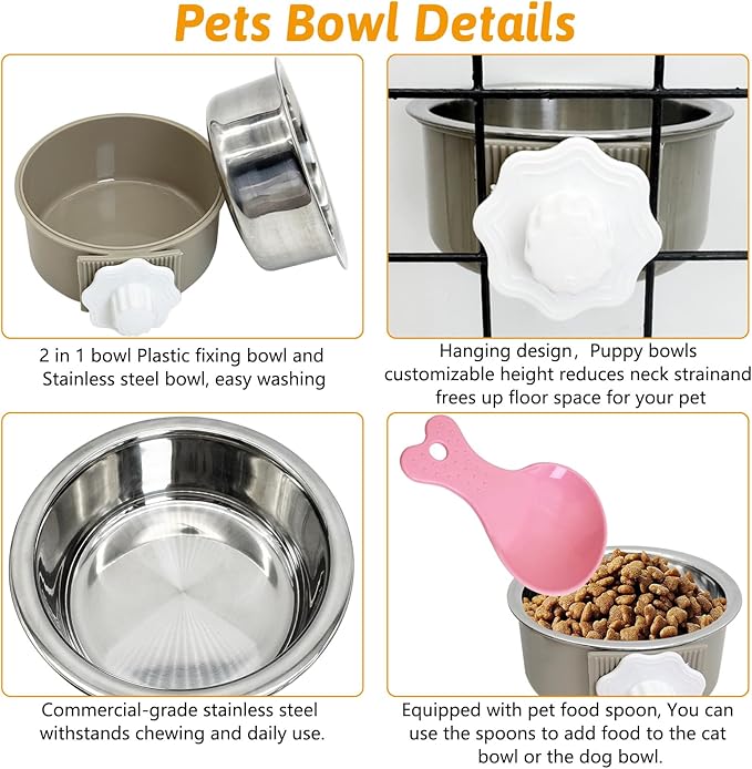 Hamiledyi Crate Dog Bowl Cat 2 Pcs Removable Stainless Steel Hanging No Spill Pet Bowl for Kennels Durable Detachable Design Fits Small Medium Dog Cages (Grey