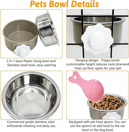 Hamiledyi Crate Dog Bowl Cat 2 Pcs Removable Stainless Steel Hanging No Spill Pet Bowl for Kennels Durable Detachable Design Fits Small Medium Dog Cages (Grey